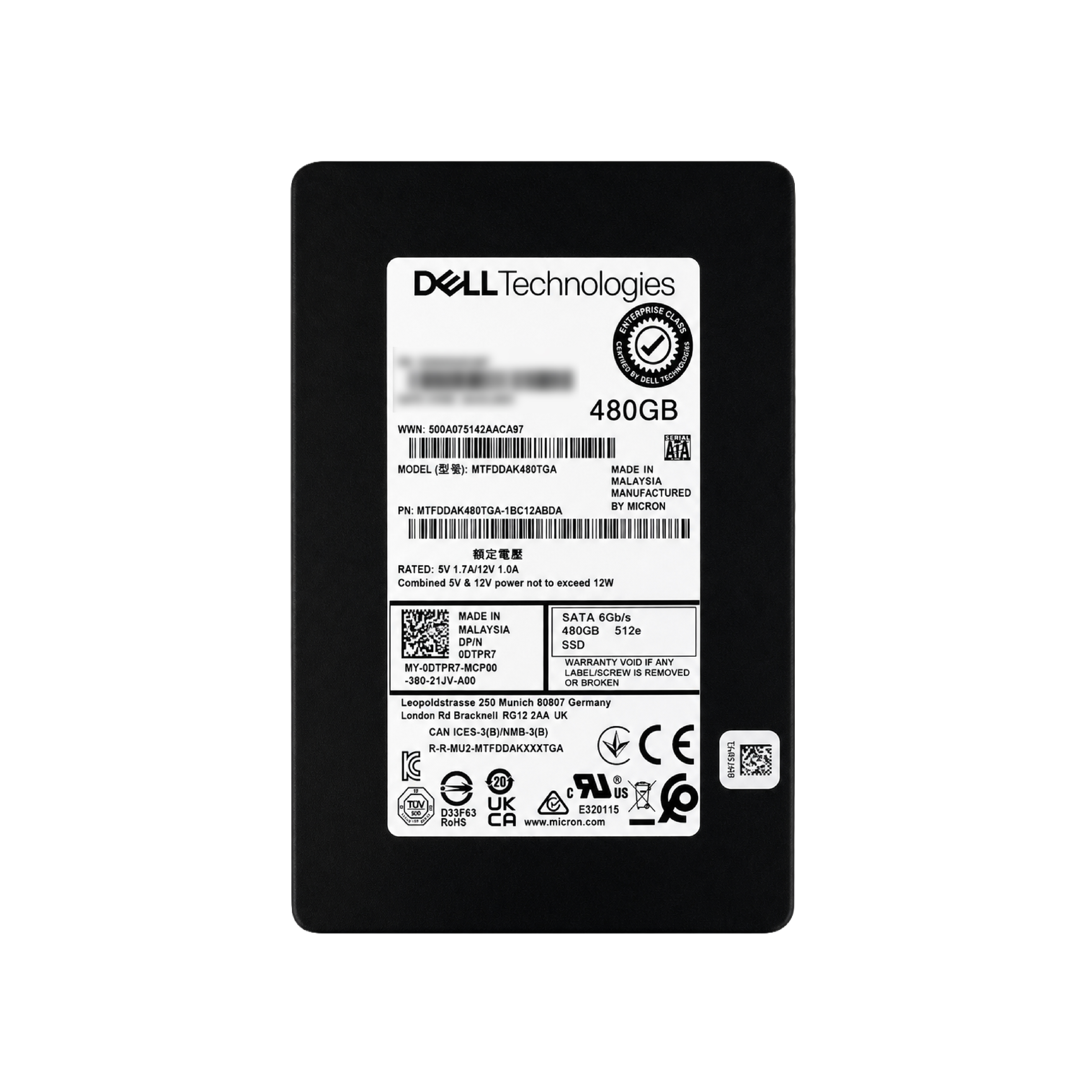 Dell 480GB SSD SATA 6Gbps MTFDDAK480TGA 硬碟