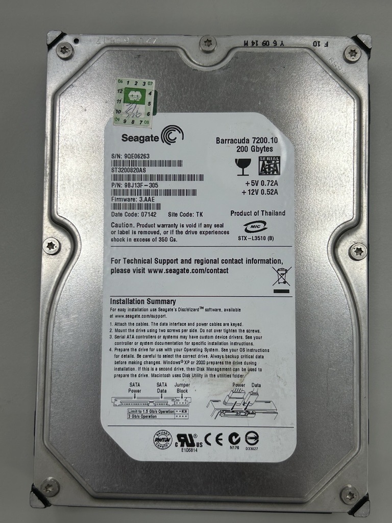 3.5" 200GB HDD SATA 3Gbps ST3200820AS 硬碟 Seagate